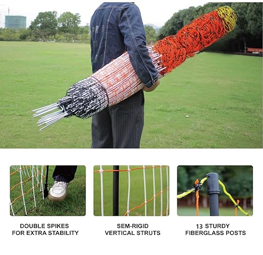 Electric Premium Poultry Netting Fence 59”H x 98.5’L - Versatile Portable Electric Fencing for Flying Chicken Sheep Goats Deer Hogs Dogs, Used in Backyards Homesteaders Farms and Ranches, PK2