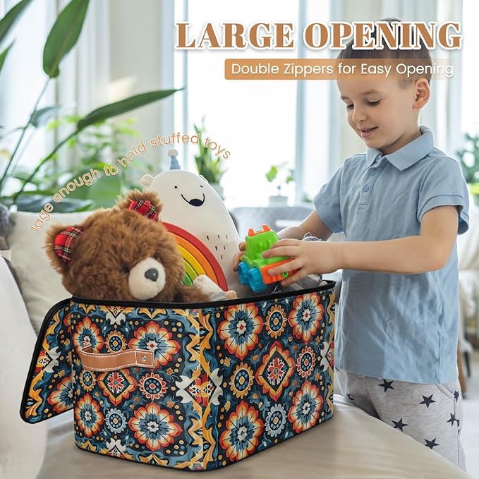 Retro Boho Ethnic Storage Bins with Zipper Lid Fabric Storage Containers for Clothes Collapsible Closet Storage Basket with Metal Frame 2 Pack