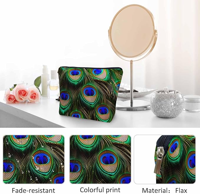 Peacock Feather Cosmetic Travel Bag For Toiletries, Tropical Peacock Feathers Makeup Bag Toiletry Bags For Women, Flax Cosmetic Bags Make Up Bag Purse Toiletries Bag, Green Turquoise