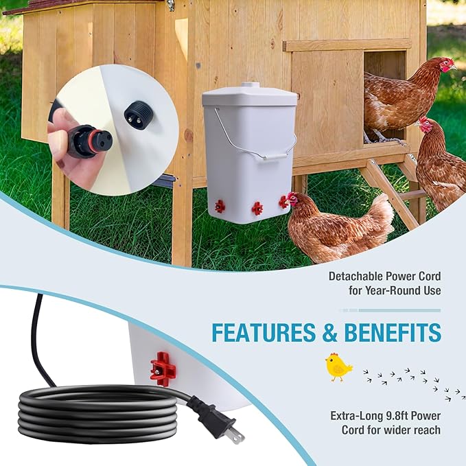 3 Gallon Chicken Waterer Bucket for Coop, All-Season Poultry Waterer with Thermostat Heater, Freeze Proof Design, 4 Installation Options, 9.8 ft Power Cord for Backyard Chickens & Small Farms