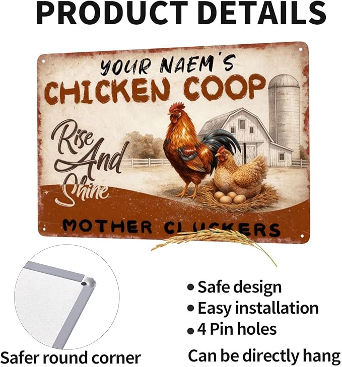 Custom Your Name Chicken Coop Tin Sign Rise And Shine Funny Farm Metal Plaque Vintage Rustic Wall Decor for Backyard Barn Farmhouse