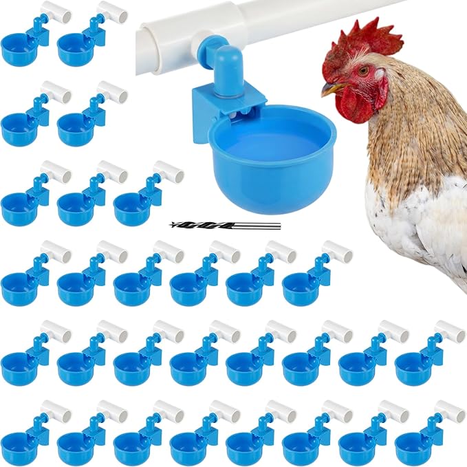 LemonRoad 30 Set Automatic Chicken Waterer Cups with 1/2" PVC Tee Fitting Chicken Drinking Bowl, Poultry Drinker Mounting Hole Opener,Water Dispenser Feeder for Duck, Goose, Turkey, Pigeon(Blue Black)