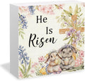 Easter Christian Bunny Wooden Box Sign Desk Decor, He Is Risen Easter Decor, Spring Floral Religious Cross Rabbit Wood Signs for Home Office Table Shelf Decorations, 5x5 Inch