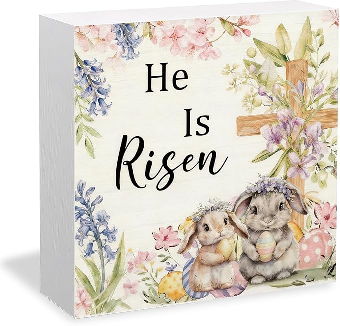 Easter Christian Bunny Wooden Box Sign Desk Decor, He Is Risen Easter Decor, Spring Floral Religious Cross Rabbit Wood Signs for Home Office Table Shelf Decorations, 5x5 Inch