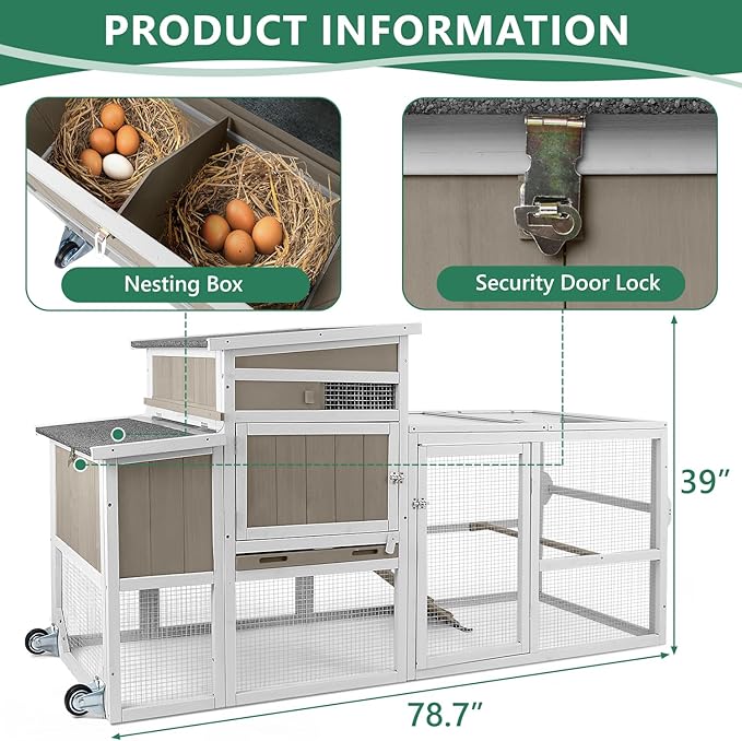 79"L Large Chicken Coop with Run, Mobile Hen Chicken House with Wheels, Nesting Boxes, UV-Resistant Roof, Indoor Outdoor Rabbit Hutch Poultry Cage for Chickens Duck Bunny with Removable Tray and Ramp