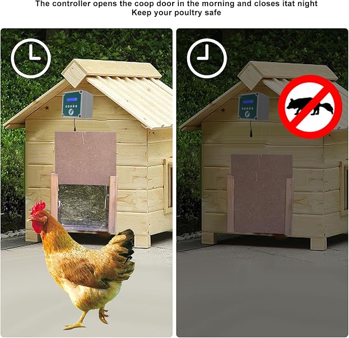 Sorandy Automatic Chicken Coop Door Controller, Electric Chicken Door Actuator Motor Set, IP44 Cage Opener with Timer Light Sensor Remote Control Poultry House Door Actuator Motor Kit (US Plug)