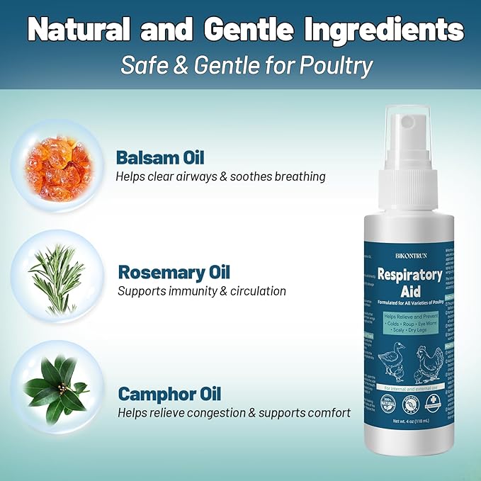 Respiratory Aid for Chicken – Natural Poultry Supplement – Drinking Water Additive – Dropper & Spray Top Included – 4Oz – Safe for All Birds