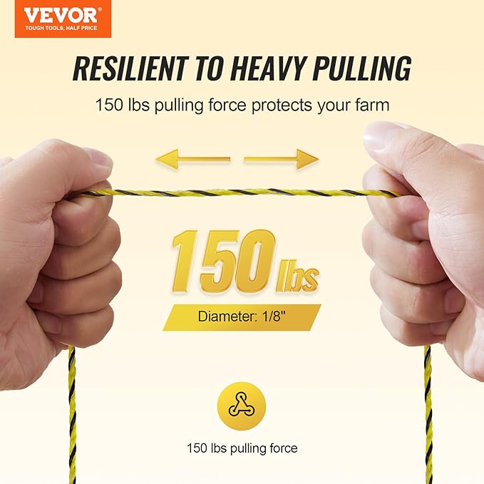 VEVOR Electric Fence Wire, 1640Ft 500M Portable Polywire, 1/8" Diameter 6 Stainless Steel Strands, Fencing Rope Line with 25 Fence Insulators and 25 T-Post Insulators, for Horse, Cattle, Livestock