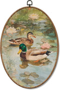 Yorhifa Vintage Mallard Duck Framed Wall Art, Cottagecore Lotus Pond Duck Landscape Oval Wall Art, Rustic Farmhouse Animal Oval Walls Decor, Country Waterfowl Canvas Artwork Hanging Decor, 8.5x11.5in