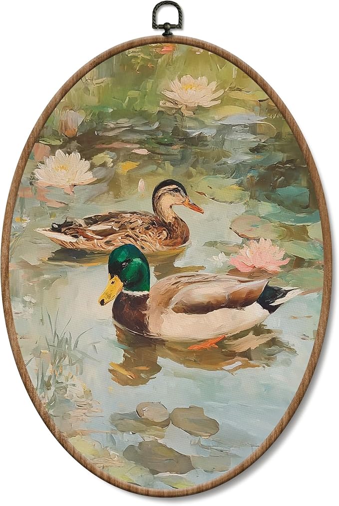 Yorhifa Vintage Mallard Duck Framed Wall Art, Cottagecore Lotus Pond Duck Landscape Oval Wall Art, Rustic Farmhouse Animal Oval Walls Decor, Country Waterfowl Canvas Artwork Hanging Decor, 8.5x11.5in
