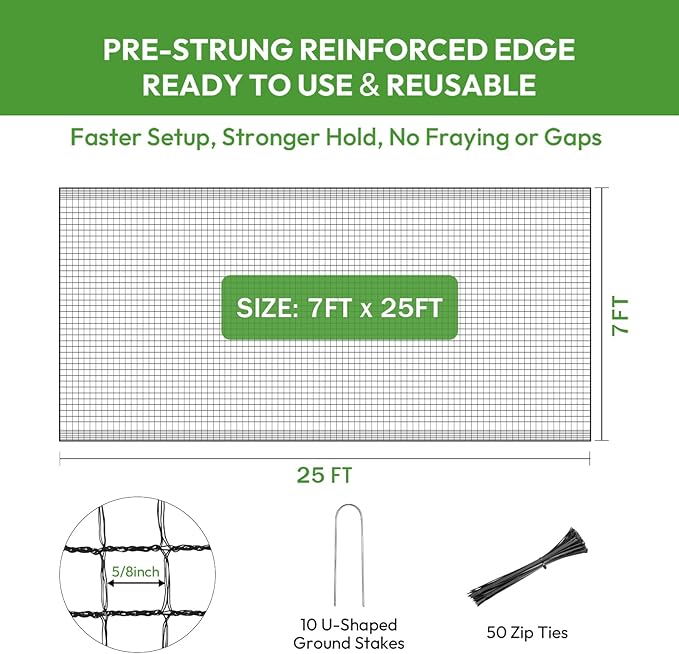 Deer Netting for Garden 7ftx25ft, Plastic Mesh Deer Fence with Pre-Strung Reinforced Edge, Durable Temporary Fencing for Yard, Ideal for Animal Barrier, Snow Fence & Tree/Crop Protection