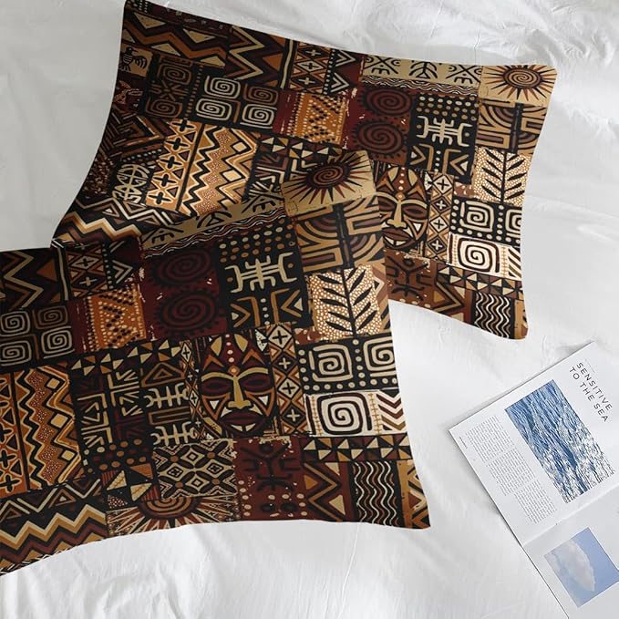 Comforter Set Twin Size, African Retro Floral 5 Pcs Bedding for Kids and Adults, Tribal Patchwork Abstract Bed Sheet Sets with Fitted Sheet Pillowcase & Sham for Bedroom Bed Decor