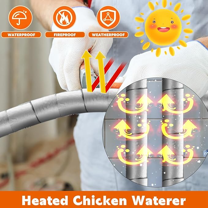4 Pcs 3 Gallon 2 in 1 Heated Chicken Waterer with Heated Stainless Steel Table 26 Pounds Automatic Chicken Feeder Waterproof Outlet Box Pipe Insulation Tape Wrap for Winter Chick Coop