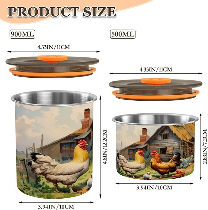 Farmhouse Roosters Coffee Canister 30oz Stainless Steel Airtight Food Storage Container with Lid for Beans/Cereal Preserval