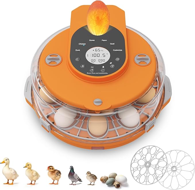 Incubators for Hatching Eggs,15 Egg Incubator with Automatic Egg Turner,Temperature & Humidity Control，Egg Candler,Incubators with 2 Trays, 360° Viewing for Hatching Chicken Duck Goose Quail Bird
