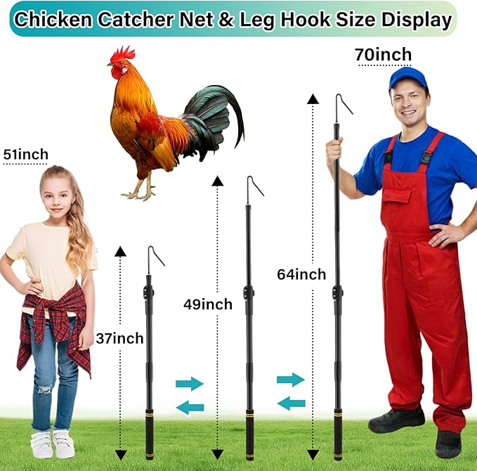 Chicken Catcher Net,37 to 64in Chicken Catcher Leg Hook Extra Long Handle Animal Catcher Pole Heavy Duty with Frosted Tube Extension Pole Poultry Hook Fowl Catcher (Black Tube)
