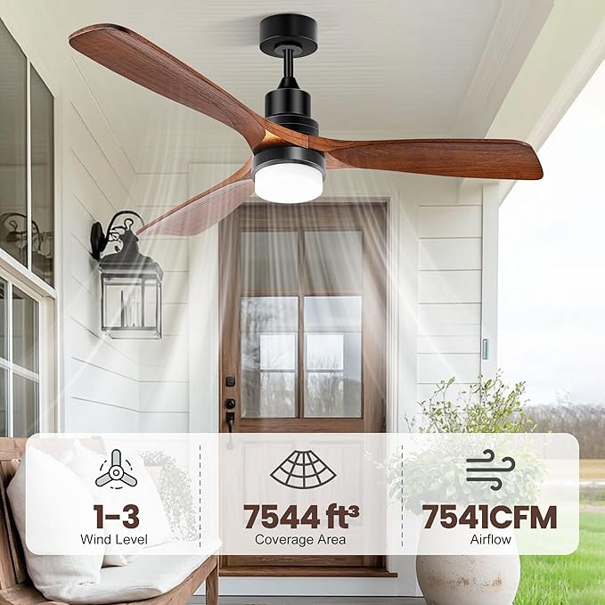 Outdoor Ceiling Fan with Light & Battery, 52" Solar Ceiling Fans for Outside 3 Speeds, Quiet Wood Walnut Fan with Adjustable Thermostat for Gazebo, Patios