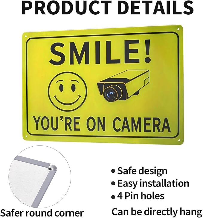 2-Pack Smile You're On Camera Metal Signs - 8x12 Inch Rust-Free Weather-Resistant Wall Decor with Pre-Drilled Holes, Humorous Surveillance Signs for Home, Bar, Man Cave, Garage, Farm, Outdoor & Indoor