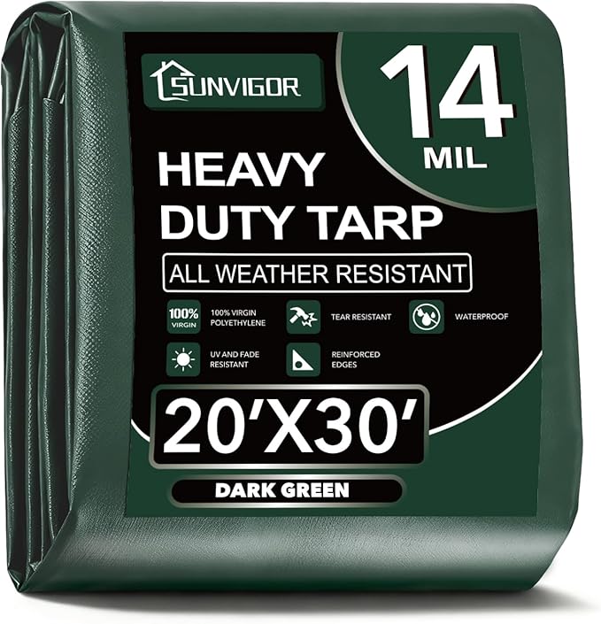 Sunvigor Tarp Waterproof 20x30Ft, Extra Thick 14 Mil Heavy Duty Tarp Cover, Tear & Fade Resistant, Outdoor Tarps with Brass Grommets and Reinforced Edges for Roof, Camping, Patio, Boat (Green)