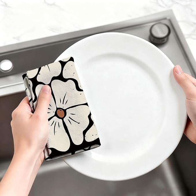 Boho Floral Kitchen Towels Decorative Set of 4, Black Geometric Dish Towel, Beige Decor Hand & Tea Towels for Kitchen Drying, Housewarming Gifts for Women