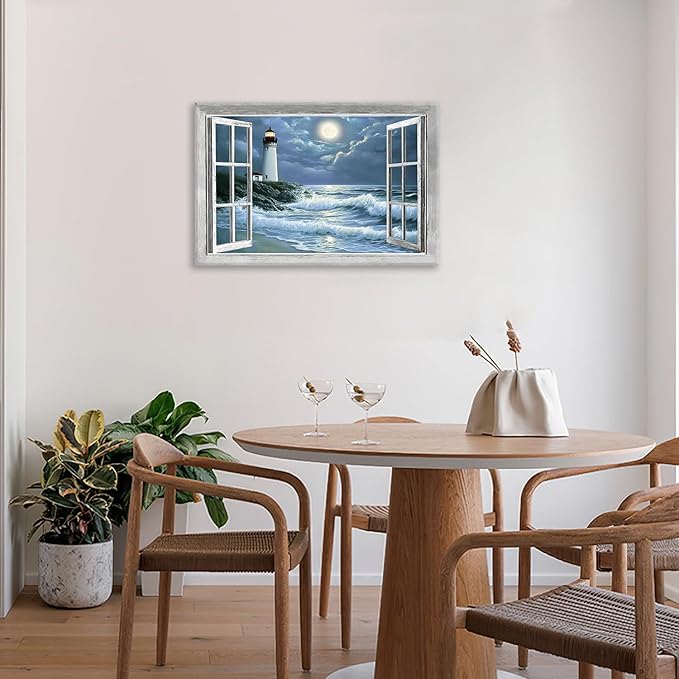 Lighthouse Nautical Wall Art Coastal Beach Pictures Wall Decor Ocean Canvas Prints Window Decorations Painting Framed Artwork Office Home Decor For Bathroom Bedroom Dining Living Room 24"x16"