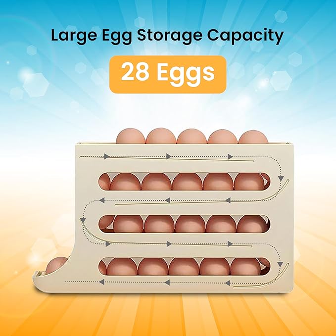 ZAYLAN Egg Holder for Fridge, Auto Rolling Egg Roller/Dispenser/Organizer/Storage Container, Space-Saving 4-Tier Egg Tray for 28 Eggs, Refrigerator, Kitchen & Countertop with Flower Egg Cutter (Cream)