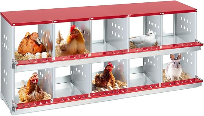 10-Compartment Chicken Nesting Box with Roll-Away Egg Collection - Metal Laying Box for Hens and Ducks, Features Pull-Out Tray & Swing Perch, Wall Mount Design for Coops