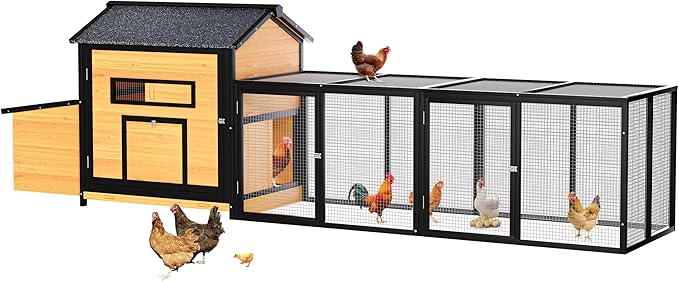 118'' Large Chicken Coop with Run, Wooden Duck Hen House for 3-5 Chickens, Outdoor Chicken Run Poultry Rabbit Cage with Nesting Box, Free-Range Door & Pull-on Tray Black