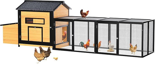 118'' Large Chicken Coop with Run, Wooden Duck Hen House for 3-5 Chickens, Outdoor Chicken Run Poultry Rabbit Cage with Nesting Box, Free-Range Door & Pull-on Tray Black
