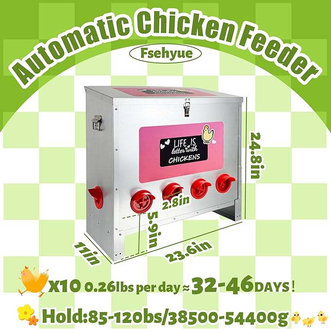 85-120LB Large Automatic Chicken Feeder Galvanized Metal Chicken Feeders with 10 Feeding Ports No Waste Outdoor Poultry Feeder with Handle and Locking Lid for Chickens and Ducks