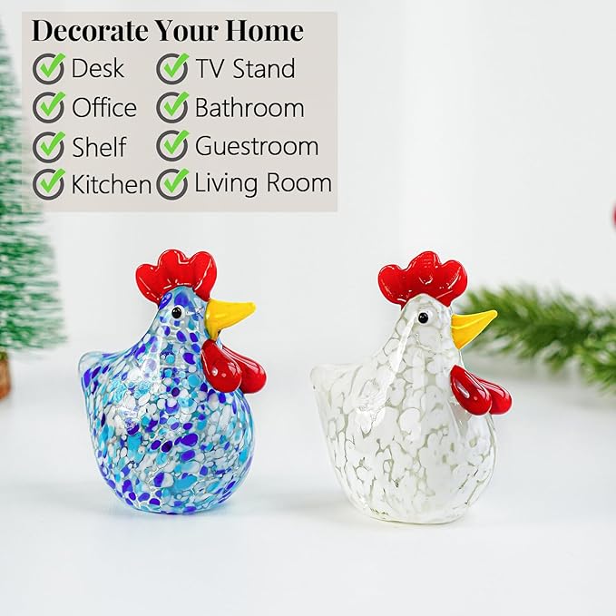 H&D HYALINE & DORA Blown Glass Chicken Figurines Set of 2 Handmade Art Glass Rooster Figurine Crystal Animal Figurine Collectible for Home Decoration Ornament