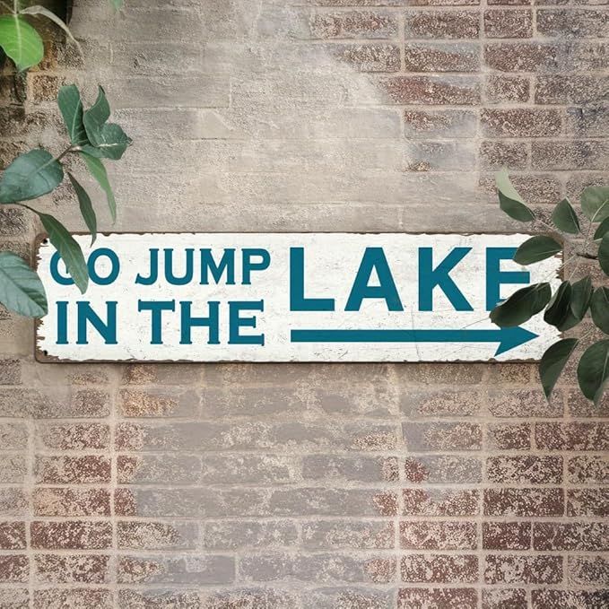 Go Jump in the Lake Metal Tin Sign Rustic Teal Lake Decor Wall Hanging for Farmhouse Lake House Bathroom Bedroom Entryway Vintage Style Wall Art 4x16 Inch