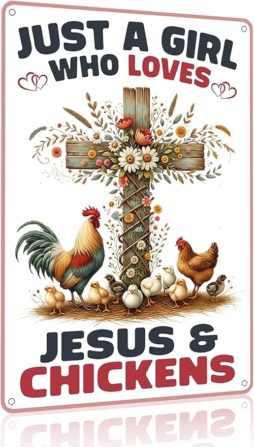 Funnysign Chicken Gifts for Women Girls Vintage Just A Girl Who Loves Jesus&Chickens Tin Sign for Chicken Coop Farm Kitchen Garden Yard Decor 8x12 inch (3908)