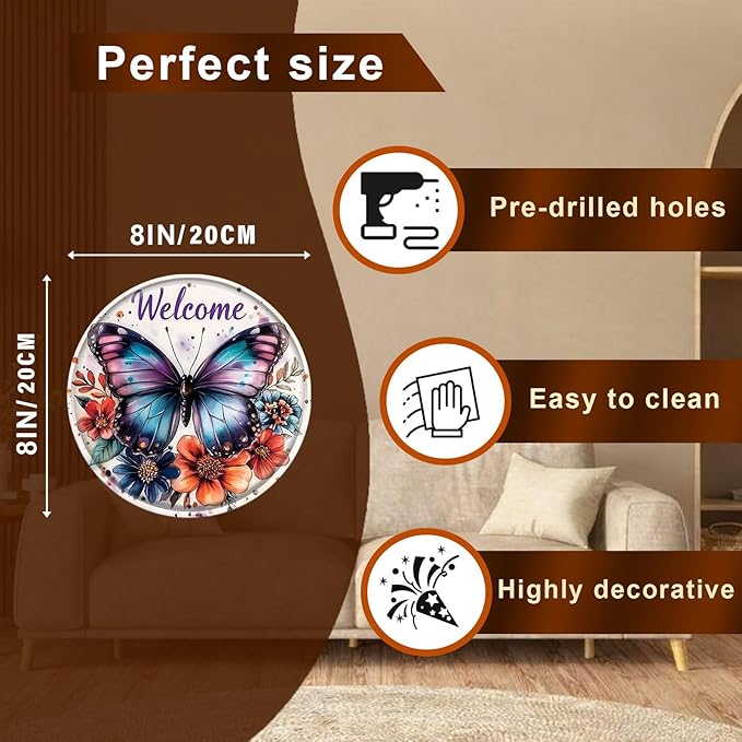 Welcome Butterfly Round Metal Tin Sign Wreath Spring Vintage Wall Decor for Front Door Home Porch Entryway 8x8inch