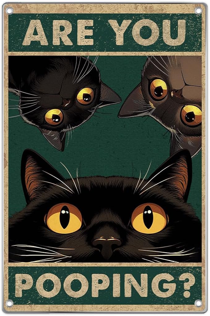 Funny Black Cat Are You Pooping Metal Sign Vintage Bathroom Wall Decor Humorous Art For Restroom Home Decoration 8 x 12 Inch Indoor Aluminum Outdoor Kitchen