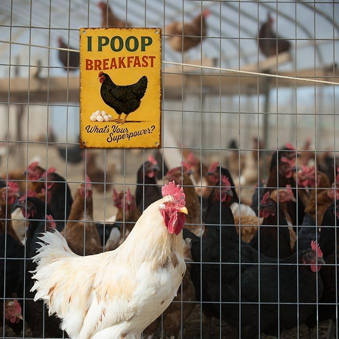 Chicken Metal Decor Sign Funny Vintage Metal Tin Sign Wall Art Decor I POOP Breakfast Chickens Coop Signs for Home Farm Chicken Coop Farmhouse Kicthen Garden Decor 8 X 12 Inch