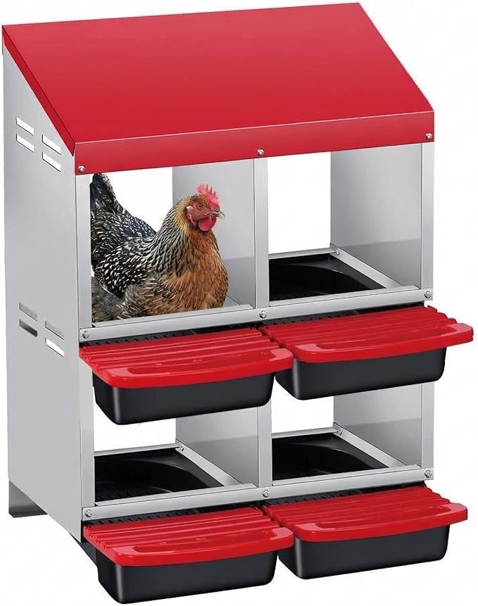 Chicken Nesting Boxes with Rollout Egg Collection – 4-Compartment Metal Hen Nest Box with Removable Trays, Slanted Roof & Ventilation, Wall Mount or Standing for Backyard Poultry Coop, Red