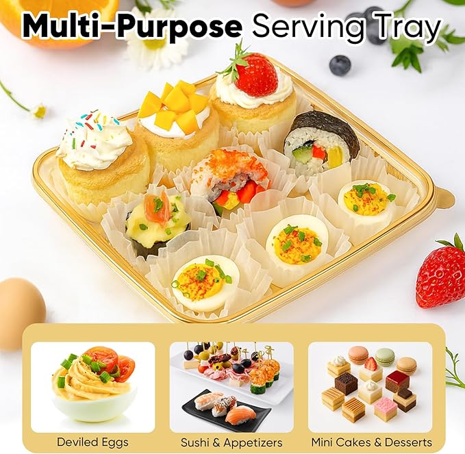77L 72 Eggs Clear Deviled Egg Tray with Lid – Gold Plastic Party Serving Tray with Greaseproof Paper for Deviled Eggs, Sushi & Desserts