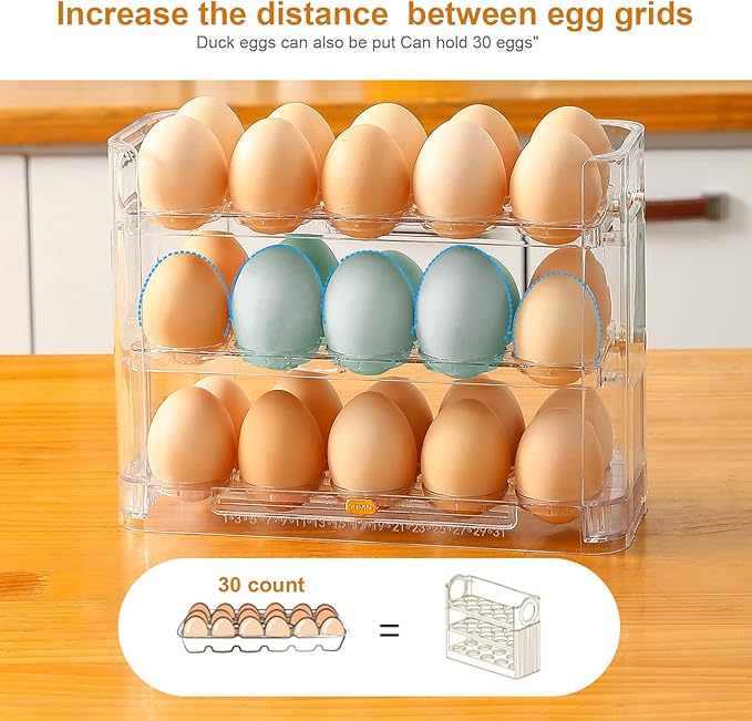 Beveetio Flippable Egg Holder For Refrigerator, Clear Acrylic Egg Storage Container For Refrigerator Side Door, Large Capacity Organizer-30 Count Capacity