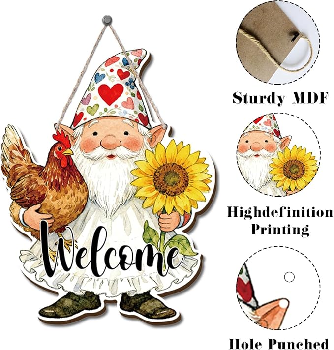 Farmhouse Wall Decor, Gnome Welcome Sign with Chicken and Sunflower, Rustic Wood Hanging Plaque, Watercolor Farmhouse Painting Style Wall Art for Porch Garden Kitchen or Entryway, 11.8x9.2 Inches
