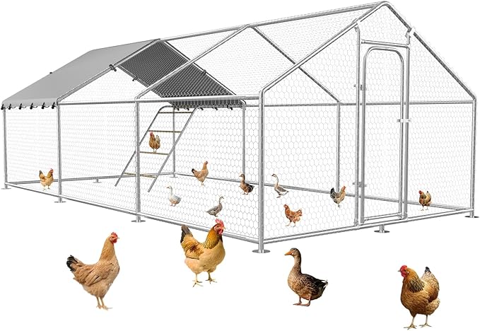 Large Metal Chicken Coop with Roosting Perch, Waterproof and UV-Resistant Cover, Outdoor Walk-in Cage Hen House for Yard Farm Rabbit Duck Chicken Run with Spire Roof (236.22×116.14×77.95 in)