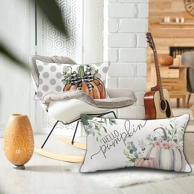 Thanksgiving Day Hello Pumpkin Eucalyptus Leave Throw Pillow Cover 12x20 Inch, Fall Autumn Thankful Harvest Decoration for Home Sofa Couch