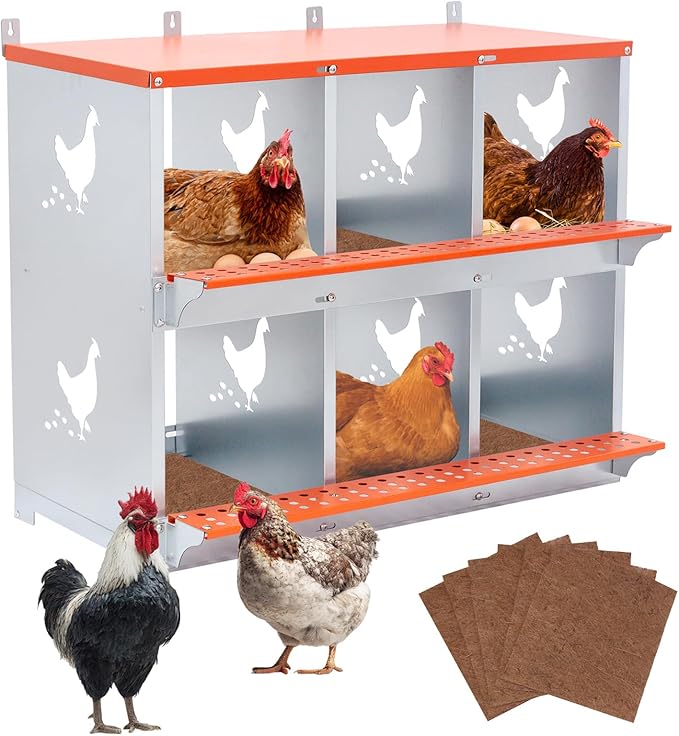 Chicken Nesting Box for Laying Eggs - 6 Room Chicken Laying Boxes, Nesting Boxes for Chickens, Heavy Duty Metal Chicken Coop (31.8" L x 17" W x 25" H)