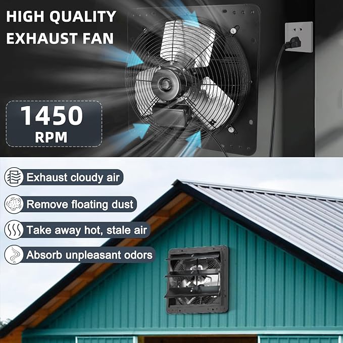Criditpid 14 Inch Pure Copper Shutter Exhaust Fan, Black Through Wall Ventilation Exhaust Fan with ON/OFF Switch for Gable, Home, Shed, Garage, Basement, Kitchen, Attic Ventilation, 1088CFM, 1450RPM.