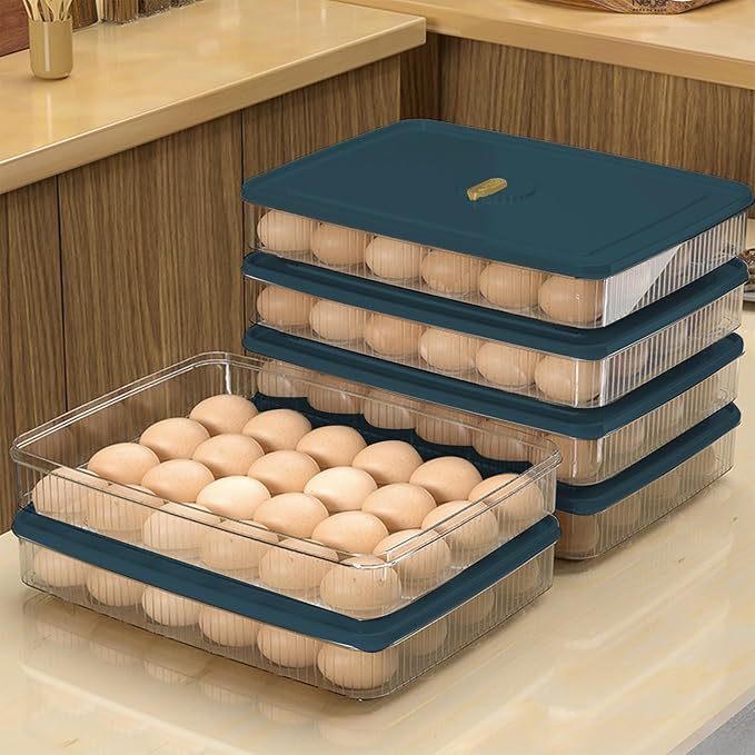 Egg Holder for Fridge, 24 Capacity Egg Holder Countertop, Stackable Space-Saving Plastic Fridge Organizers and Storage with Lid for Kitchen or Pantry, Blue