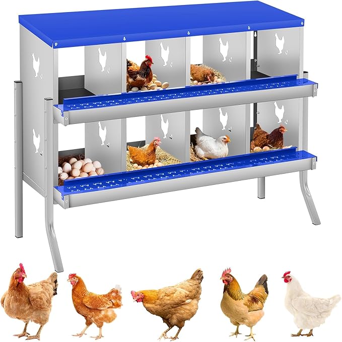 8 Compartment Chicken Nesting Boxes, Metal Roll Away Egg Laying Boxes with Removable Tray & Lid Cover, Chicken Coop Nest Box for Hens, Egg Protection Design (with Legs) Blue
