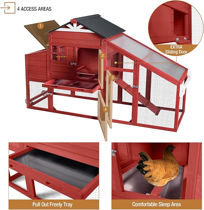 Large Chicken Coop for Outdoor with Nest Box and Removable Tray, Hen House Waterproof for 2-6 Chickens, Outdoor Poultry Cage with Wheels - Red