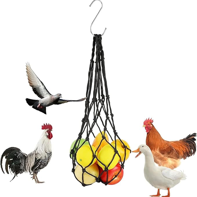 Reusable Hanging Chicken Feeder with S Hooks, Chicken Coop Flock Block Hanging Bag, Vegetable Fruit Mesh Bag for Hens Ducks Geese Poultry, Cabbage Holder Vertical Garden Accessories (Black-2pcs)