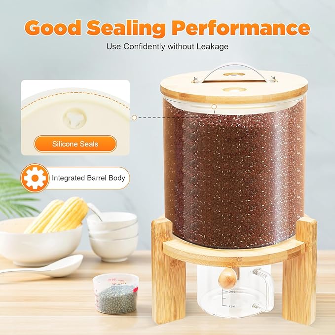 5L Glass Rice Dispenser with Bamboo Stand, 8-10 Lbs Cereal Container with Glass Measuring Cup,Large Airtight Food Organization Storage Bin for Grain, Coffee Bean, Dry Food