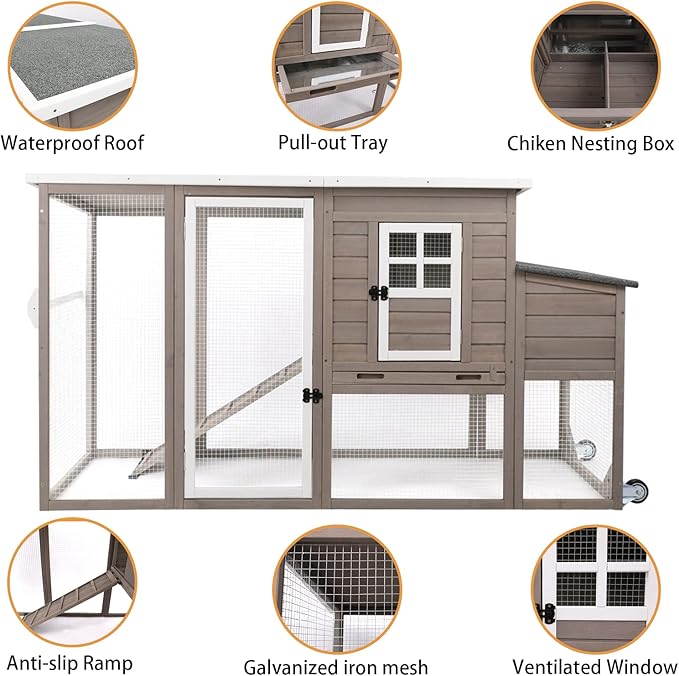PetsCosset 75" Chicken Coop Backyard with Wheels Nesting Box Waterproof Removable Tray and Ramp Large Hen House for 1-4 Chickens